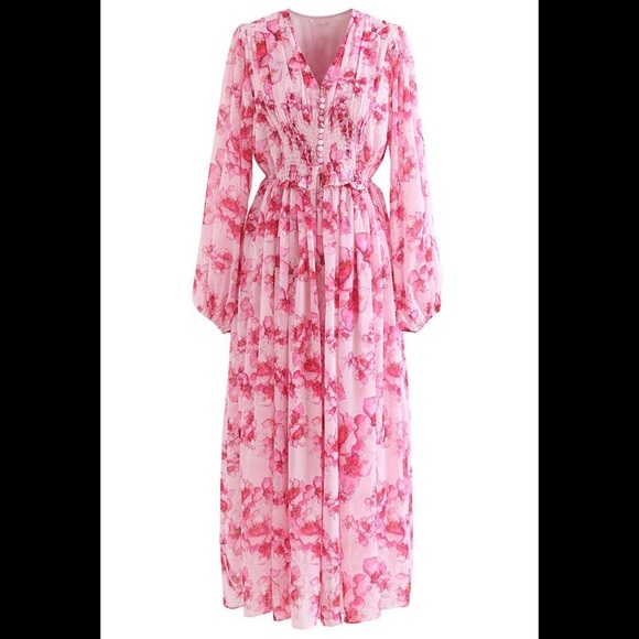 Chicwish floral pink smocked midi dress - Picture 2 of 6